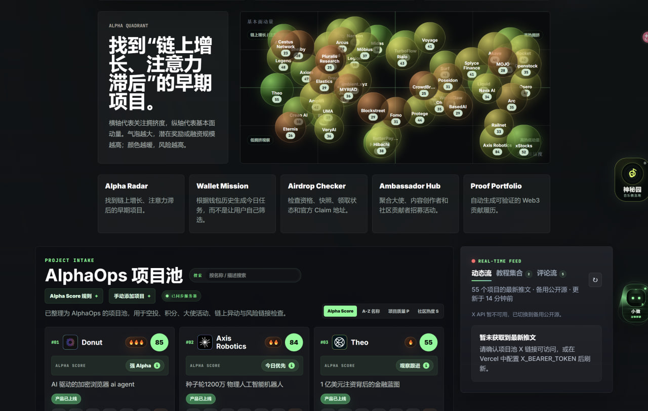 Alpha空投界面预览：项目气泡图与 AlphaOps 项目池